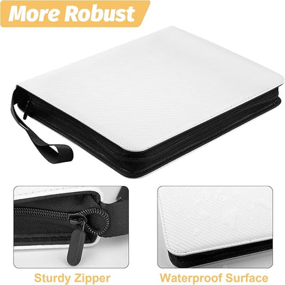 900 Pockets Round Ring Trading Card Binder, 9-Pocket Clear Zipper Card Album with Wrist Strap, Holds 900 Standard TCG & Sports Cards, Not Fit Top Loaders (Carbon White)
