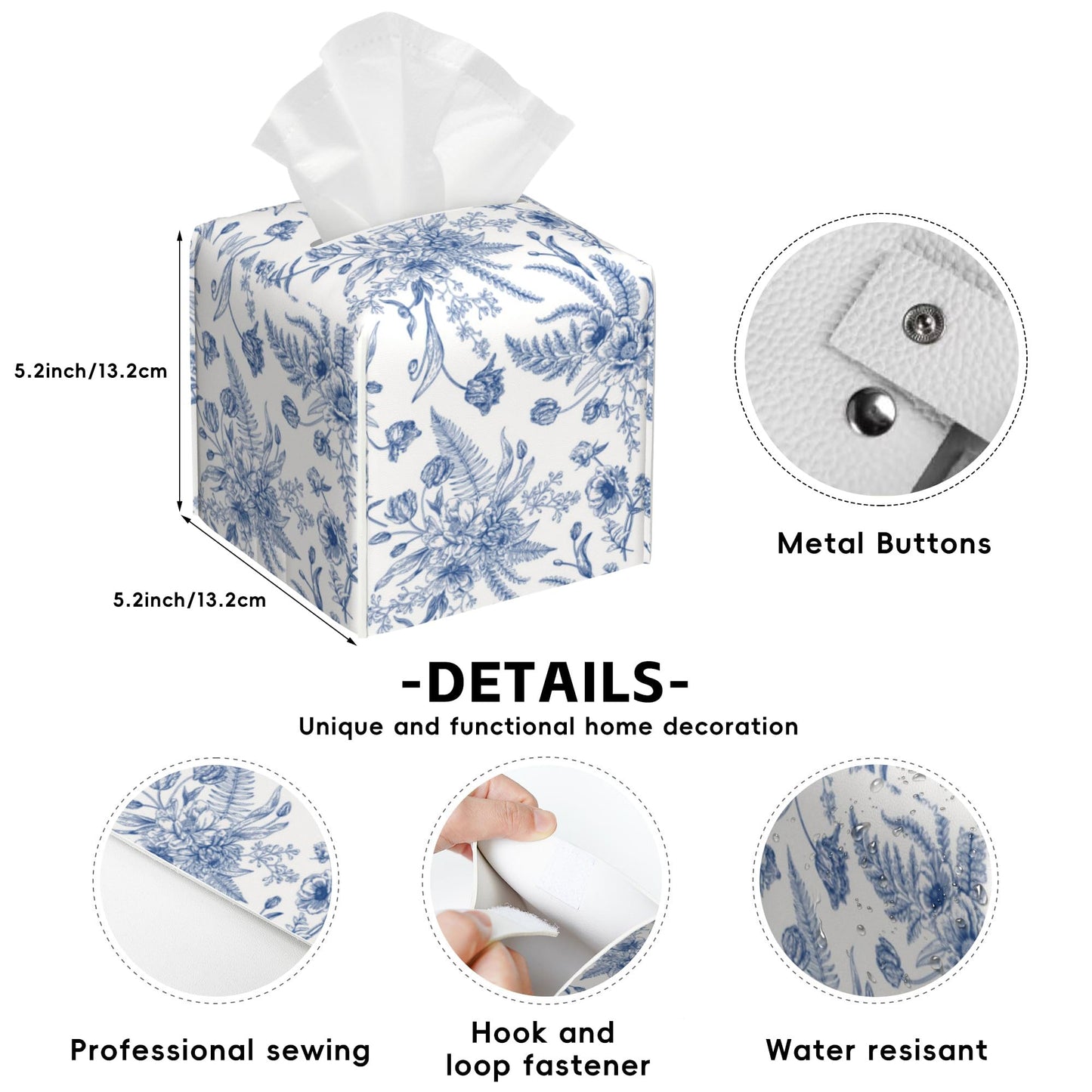 Blue Flowers Tissue Box Cover Square,Tissue Box Holder with Belt Bottom,Stylish Leather Napkin Holder for Vanity Countertop,Nightstands,Office Desk,5.2"×5.2"×5.2"