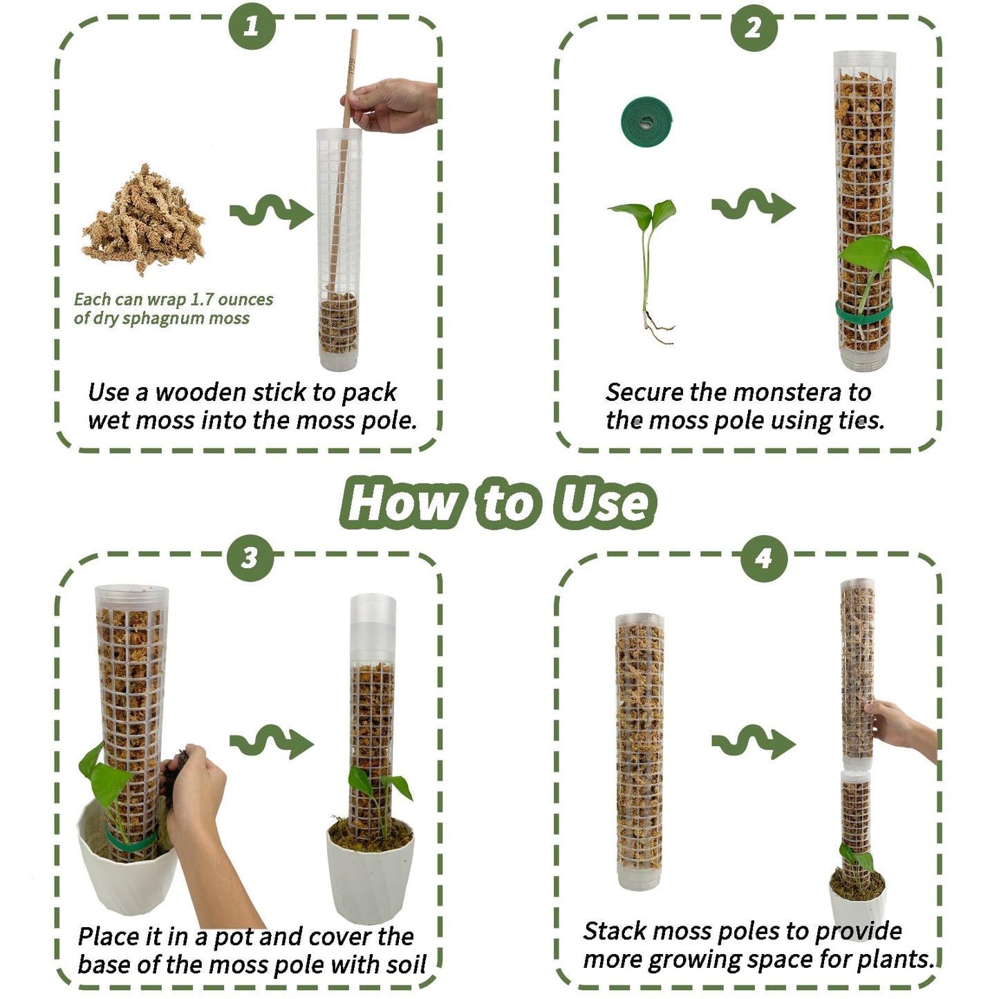 JEGU Self-Watering Moss Pole for Monstera Plant Support, 18.8 Inch Stackable Plastic Moss Pole for Climbing Plants. (2PACK-Lagre)