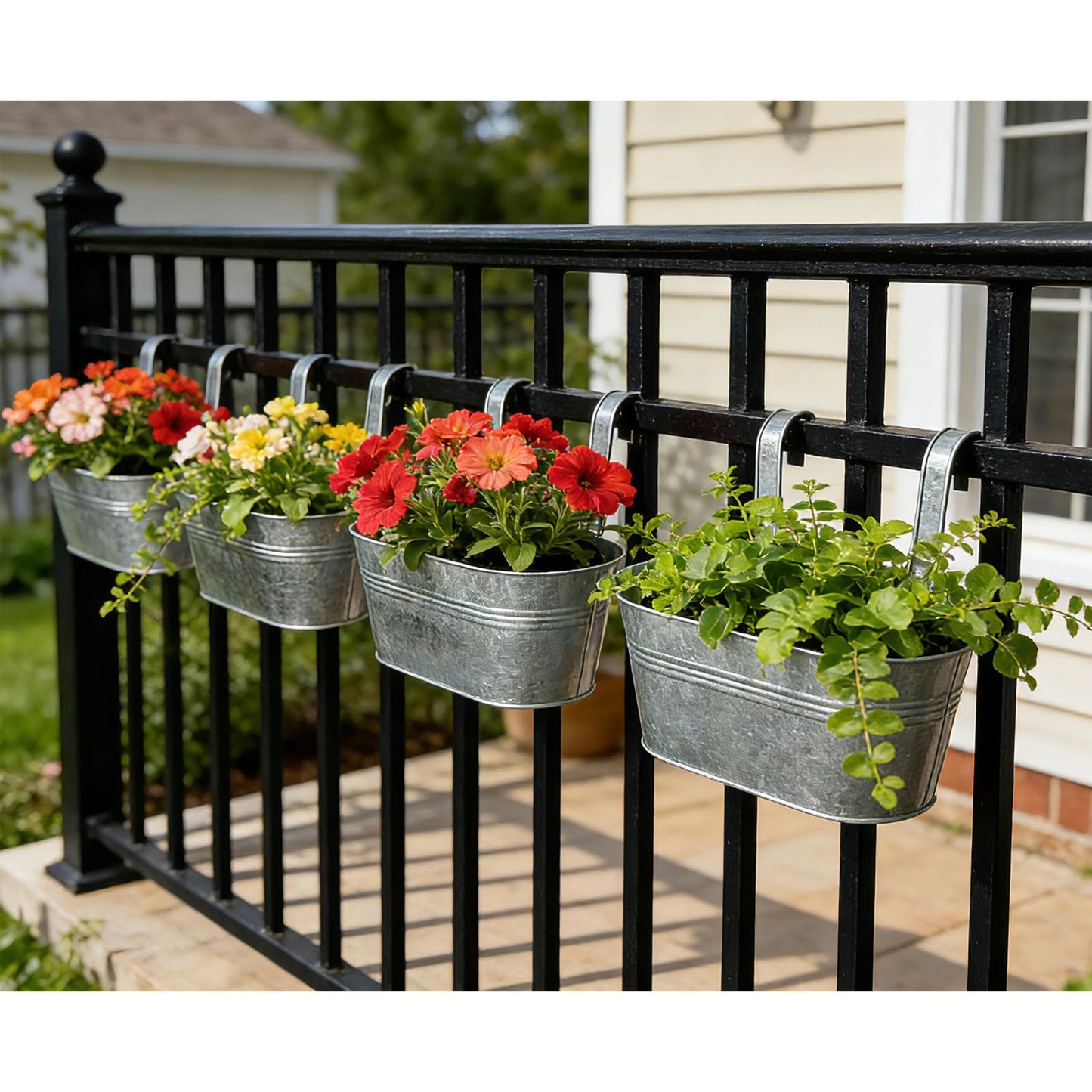 Joyfernal Balcony Galvanized Hanging Planters Railing Flower Pots, Outdoor Metal Fence Planter Pot with Detachable Hooks Drain Hole for Garden Patio Yard Decor (10 Inch, 2Pcs)