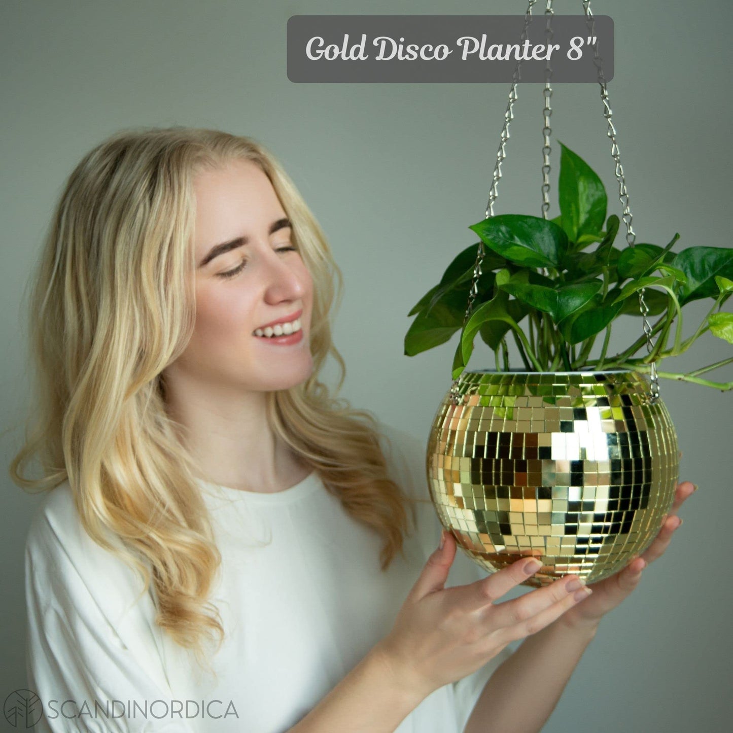SCANDINORDICA Disco Ball Planter 8" Gold with Chain and Macrame Hanger and Disco Ball Planter Pot 4.3" with Saucer (0.2x0.2 mirror tiles)