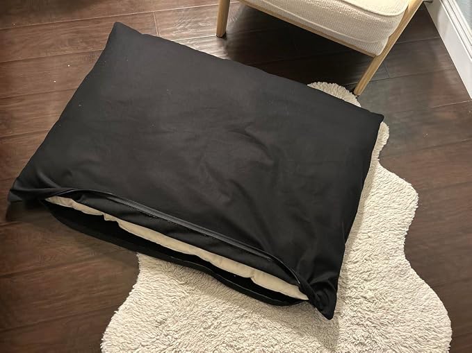 Natural Cotton Canvas Dog Bed – Raw Cotton Filled Pet Cushion Insert, Breathable Eco-Friendly Dog Mattress, Durable Washable Cover with Zipper (Black, Medium 42"x29"x4")