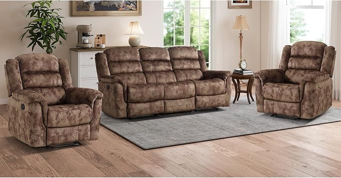 EBELLO 3 Pieces Reclining Living Room Set, Soft Fabric Manual Recliner Sofa