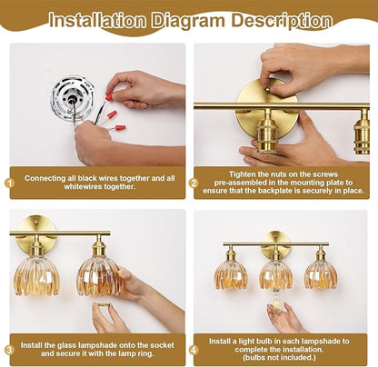 Vintage Bathroom Light Fixtures,3-Light Hardwired Vanity Lights Over Mirror,Gold Wall Sconces with Amber Tulip Glass Shade for Bathroom Living Room,E26 Socket(Bulbs Not Included)