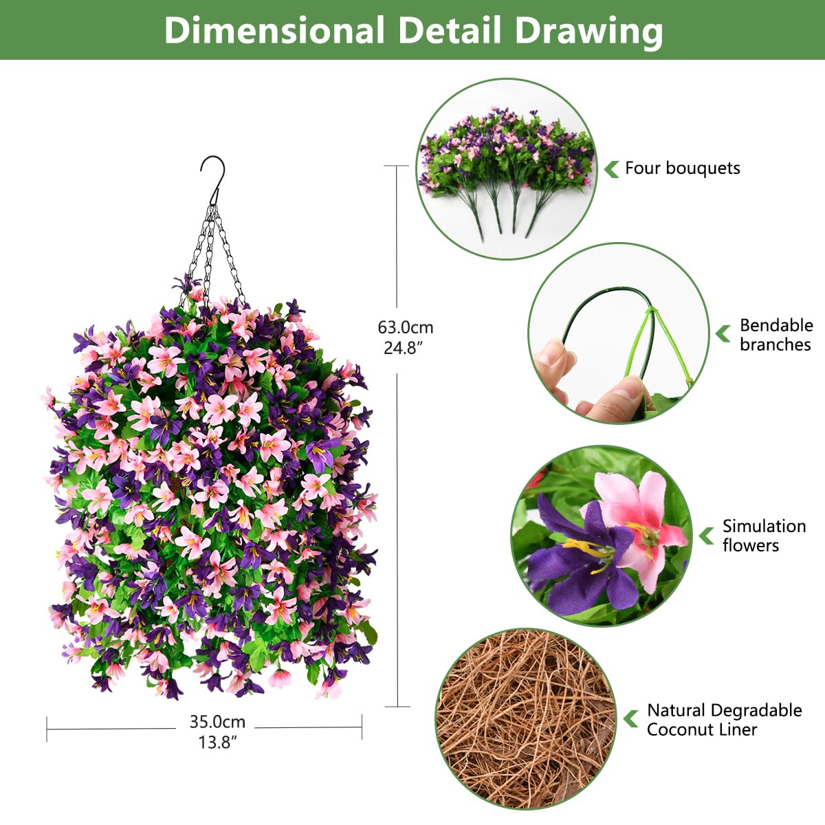 INQCMY Artificial Hanging Flowers in Basket for Outdoor Spring Summer Decoration,4pcs Faux Silk Violet in Planter UV Resistant for Outside Home Patio Garden Porch Deck Decor(Pink Purple)