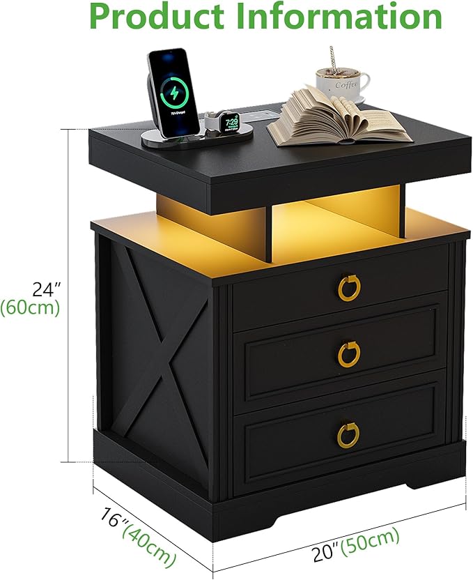 HNEBC Nightstand with Gun Drawers, LED Farmhouse Night Stand with Charging