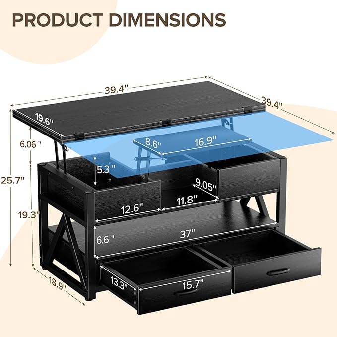 Memobarco 40" Lift Top Coffee Table, 4 in 1 Multi-Function Lift Coffee Tables
