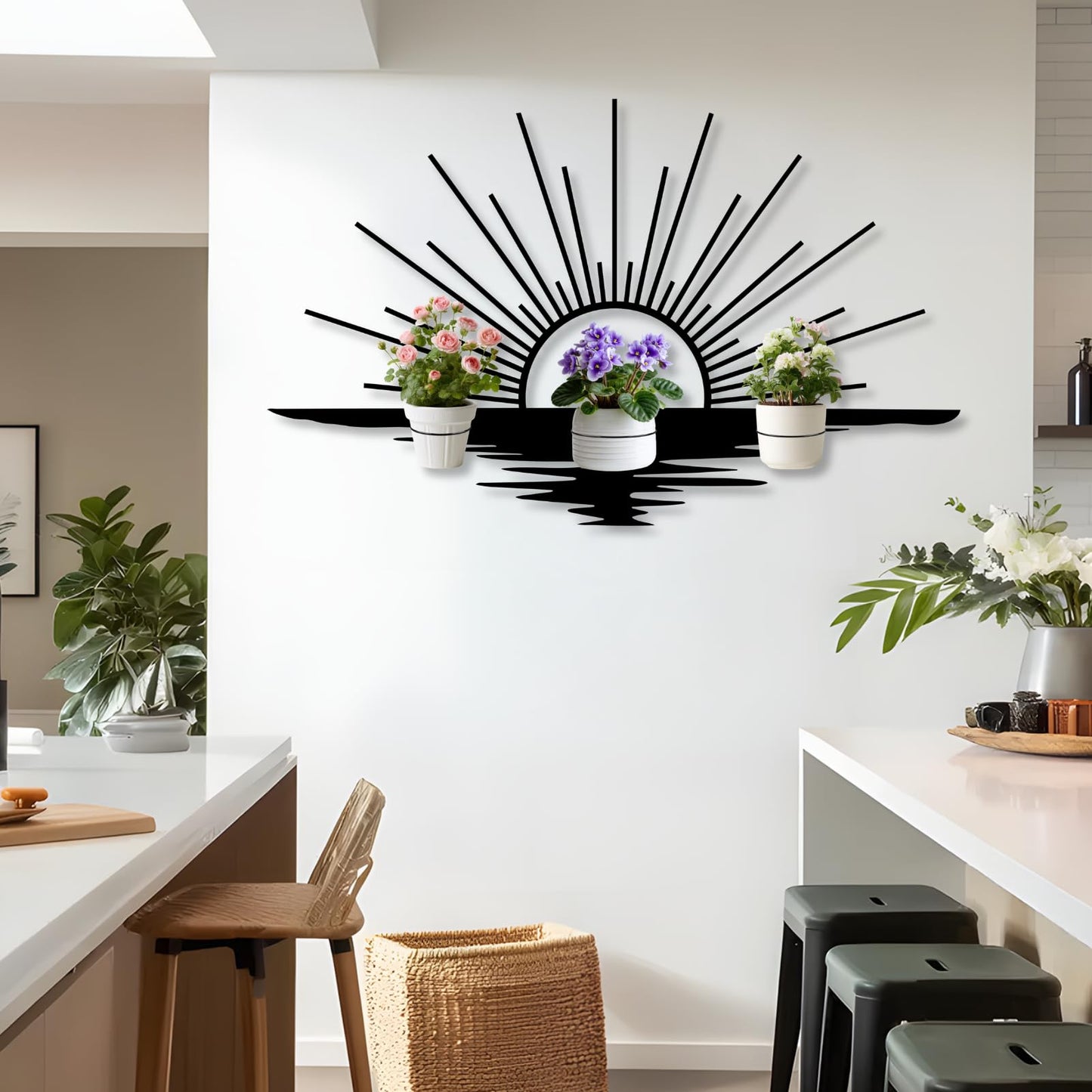 Glethua Sunrise Metal Wall Mount Plant Holder, Sun Wall Plant Holder, Sunshine Metal Hanging Planter for Living Room, Kitchen, Bathroom (Gold, 59"x 35"| 150x89cm, 4 Pack 4" Flower Pot Holder Ring)