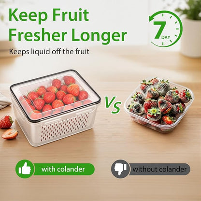 4 PCS Fruit Storage Containers for Fridge, Leakproof Produce Containers for Fridge with Removable Colander, Microwave/Dishwasher Safe Fruit Washing Bowl Keep Fruits, Vegetables, Berry Fresh longer