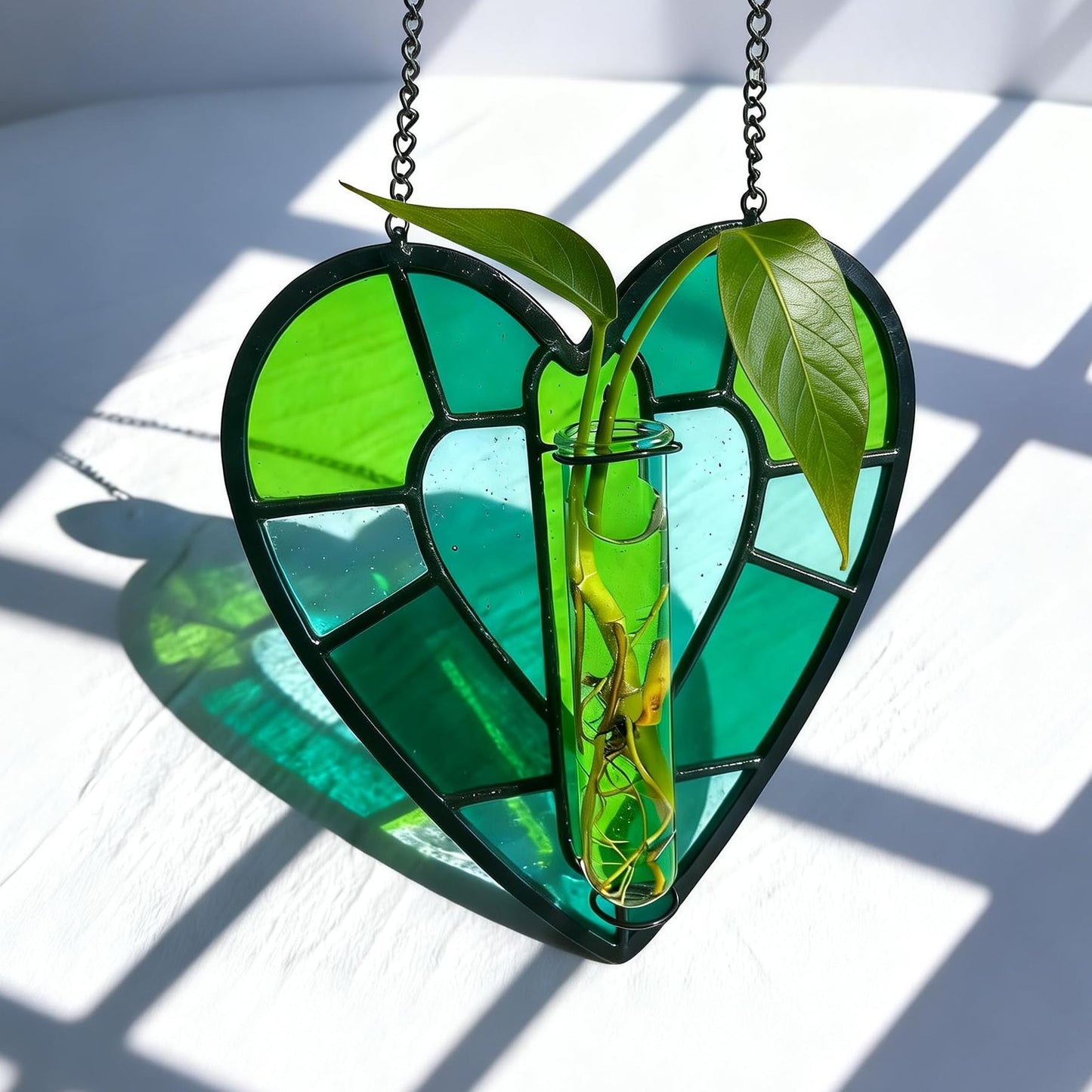 Stained Glass Plant Propagation Station, Handmade Suncatchers Window Hanging Decor, Hanging Hydroponic Planter Terrarium with 2 Glass Tubes for Mother's Day Home & Garden Decor, Green, Indoor Outdoor