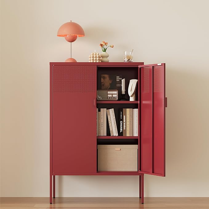 Metal Storage Cabinet, 2 Door TV Stand, Metal Mesh Accent Cabinet, Magnetic