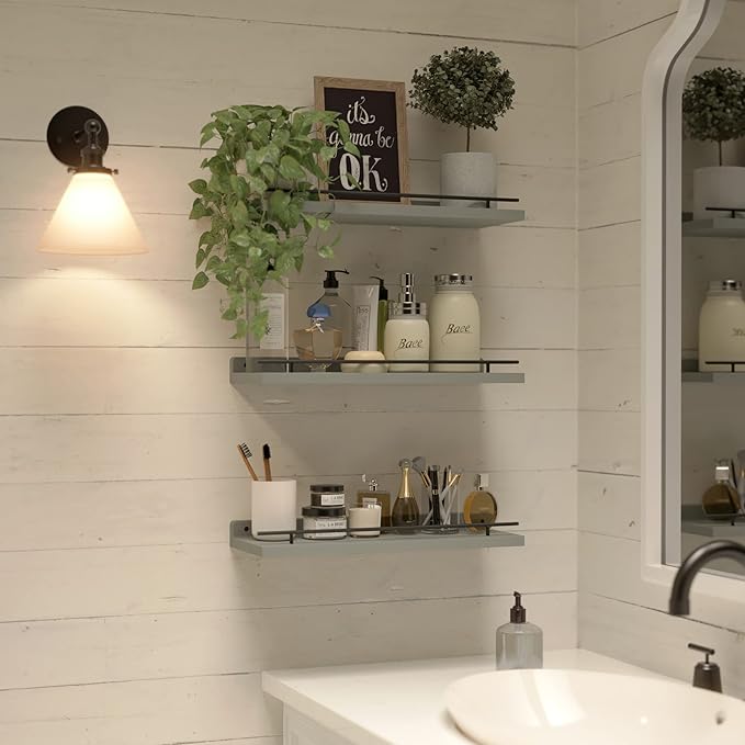 WOPITUES Floating Shelves with Black Metal Guardrail, Shelves
