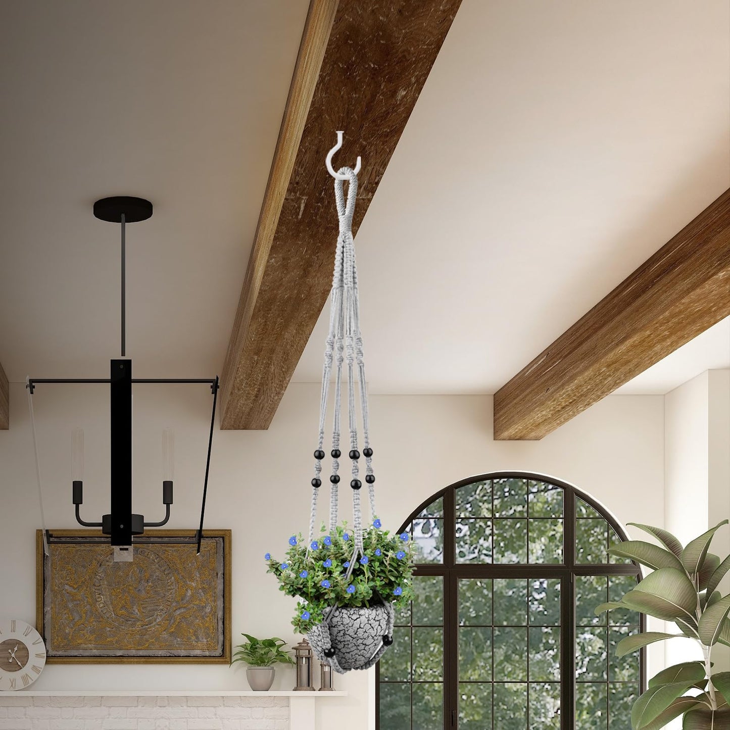 Macrame Plant Hanger for 5 to 10 Inch Plant Pots, Set of 2 Indoor Handmade 35 Inch Woven Rope Hanger Kits with Hooks and Wood Beads, Hanging Planter Basket Holder for Boho Home Decor (Grey, 2 Pack)