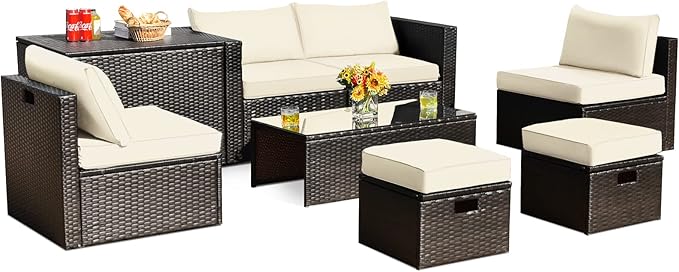 Tangkula 8 Piece Patio Furniture Set, Patiojoy Outdoor Space Saving PE Rattan