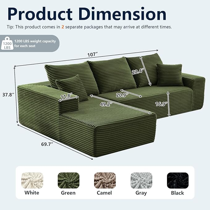 108” Cloud Sectional Couch, Boneless Sofa