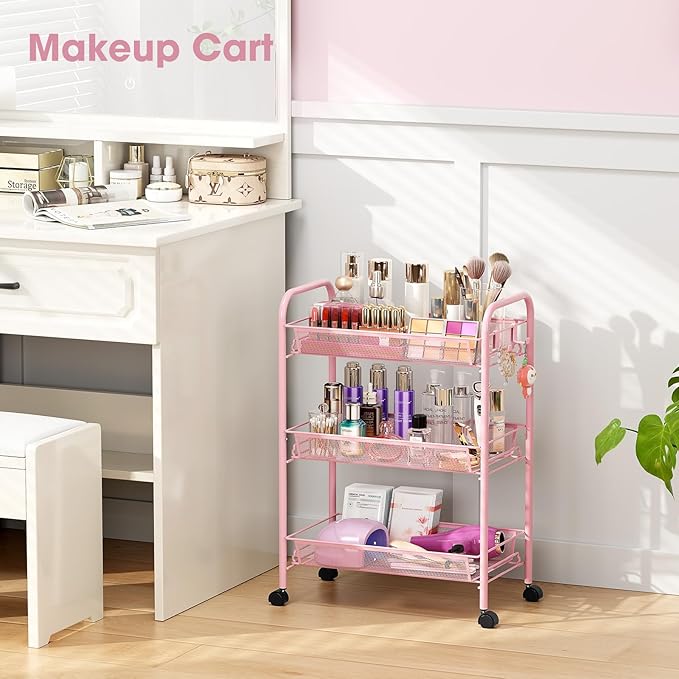 TOOLF 3 Tier Rolling Cart Pink