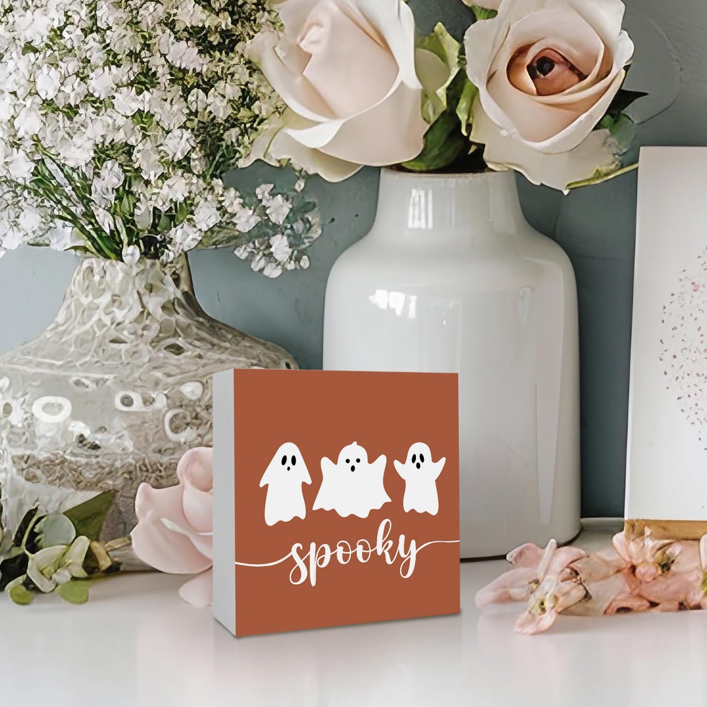 KFXHANGD Happy Halloween Ghosts Wooden Box Sign Desk Decor, Fall Thanksgiving Decoration, Fall Halloween Ghosts Decoration for Home Office, Halloween Spooky Gost Shelf Desk Decor 5x5 Inch