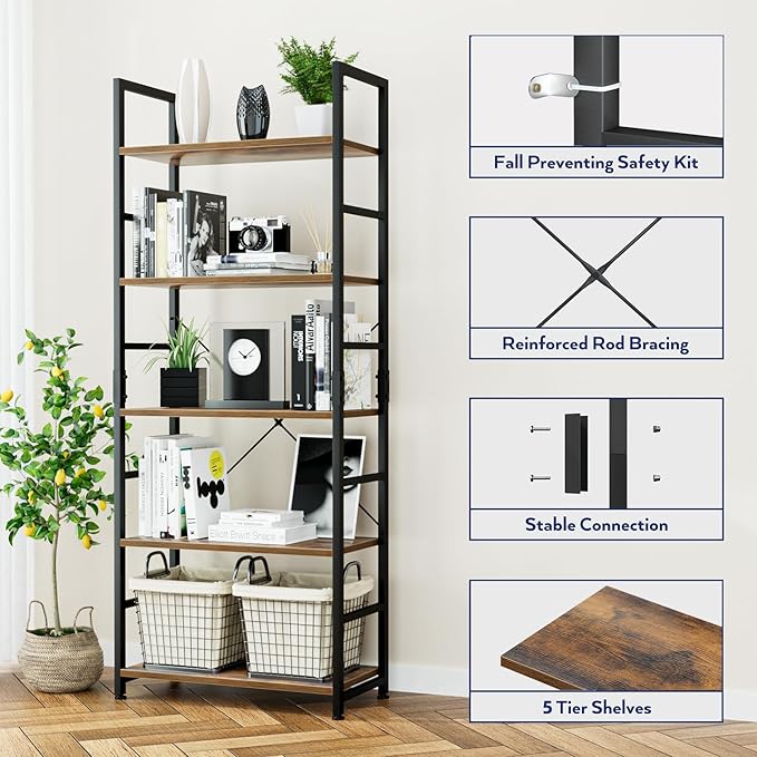 NUMENN 5 Tier Bookshelf, Tall Bookcase Shelf Storage Organizer, Modern Book