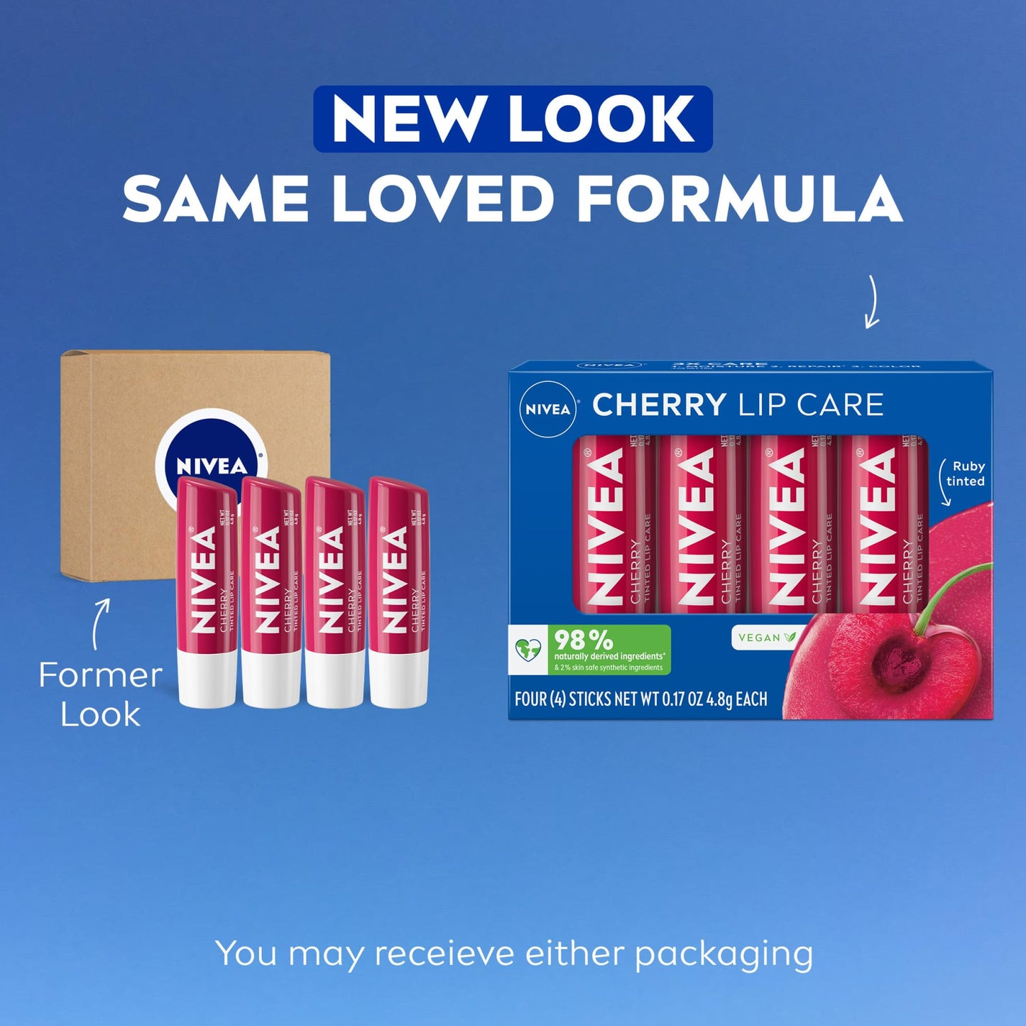 NIVEA Lip Care, Fruity Tinted Lip Balm Variety Pack, Cherry, Strawberry, Blackberry and Watermelon Flavors, 3-in-1 Moisture, Repair and Color, 0.17 Oz Stick, Pack of 4