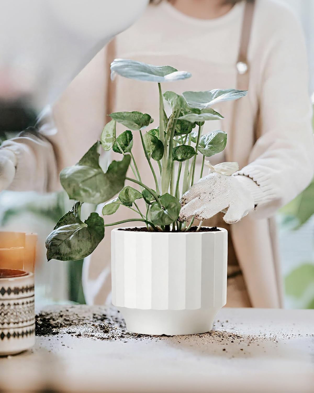 OXART Ceramic Plant Pot, 7.6+6.2+5 inch Planter with Drainage Hole, Set of 3 Modern Plant Pots for Intdoor/Outdoor, Home Garden Flower Pots for Plants Cacti, Succulents, Snakes, and Pothos, White