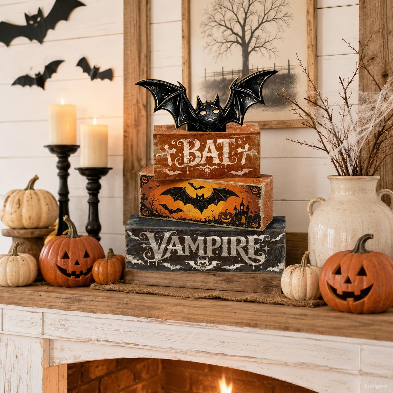 4 Pcs Halloween Table Decorations Bat Tiered Tray Decor Farmhouse Rustic Wooden Block Signs with Vampire & Jack-o'-Lantern Halloween Tabletop Centerpiece for Home Kitchen Shelf Mantel Office Desk