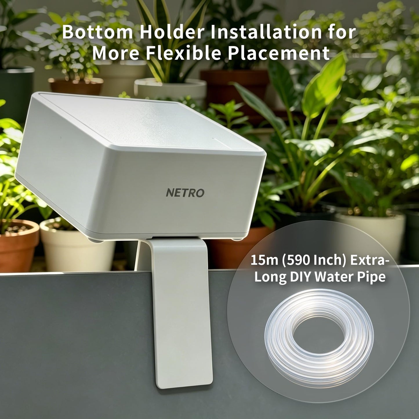 Netro Smart Indoor Drip Irrigation Watering System 2.4G WiFi APP Control Rechargeable Automatic Plant Waterer Kits with 15M Platic Pipe 2 Zones Outlet Plant Watering Device for 17 Plant Pots