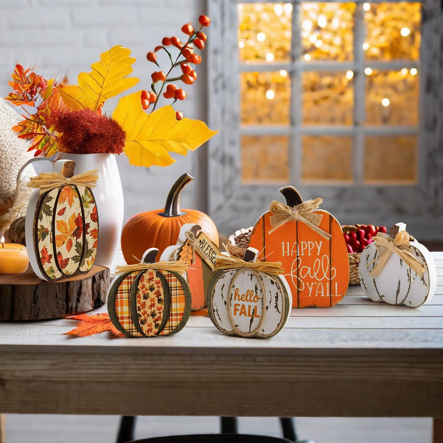 Leinuosen 6 Pcs Fall Pumpkin Decor Wooden Block Sign Fall Tiered Tray Decor for Home Autumn Table Centerpieces Decorations for Thanksgiving Harvest Table Mantel(6 Pcs,Pumpkin)