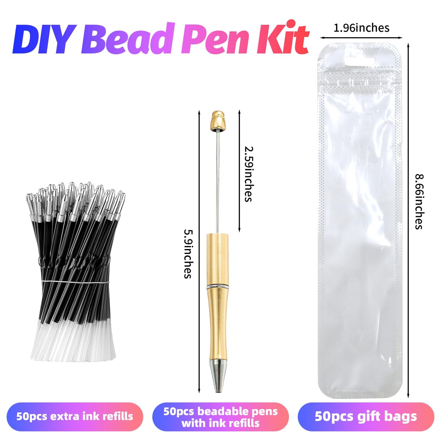 DASTTUIS 150 Pieces DIY Beadable Pen Kit – 50 Plastic Ballpoint Pens with Refills & Bags – School Supplies, Office Accessories & Decorative Items for Students & Teachers (Silver and Gold)