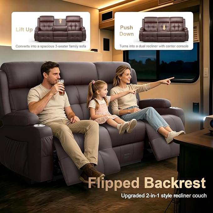 3-Seater Loveseat Recliner Sofa, RV Wall Hugger Home Theater Seating Reclining
