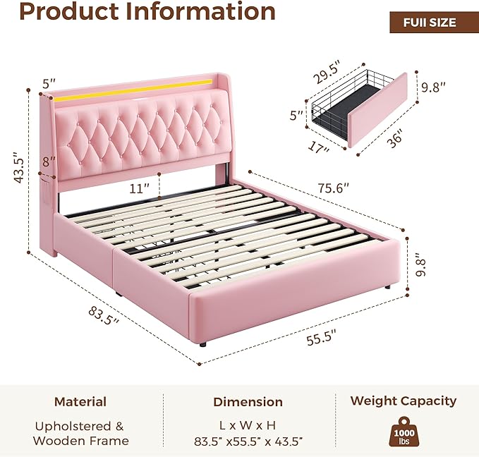 Full LED Velvet Bed Frame with 2 Storage Drawers&Hidden Headboard, Upholstered