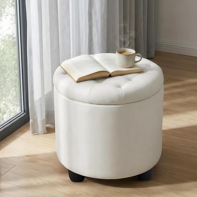 Furniliving Upholstered Button Tufted Round Ottoman, PU Storage Ottoman Round
