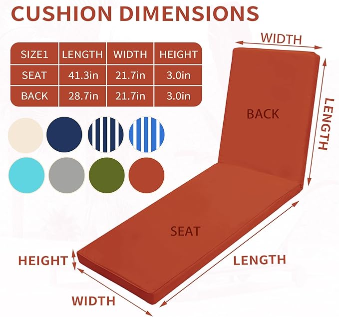 Outdoor Chaise Lounge Cushions for Patio, Waterproof Replacement Seat Cushions