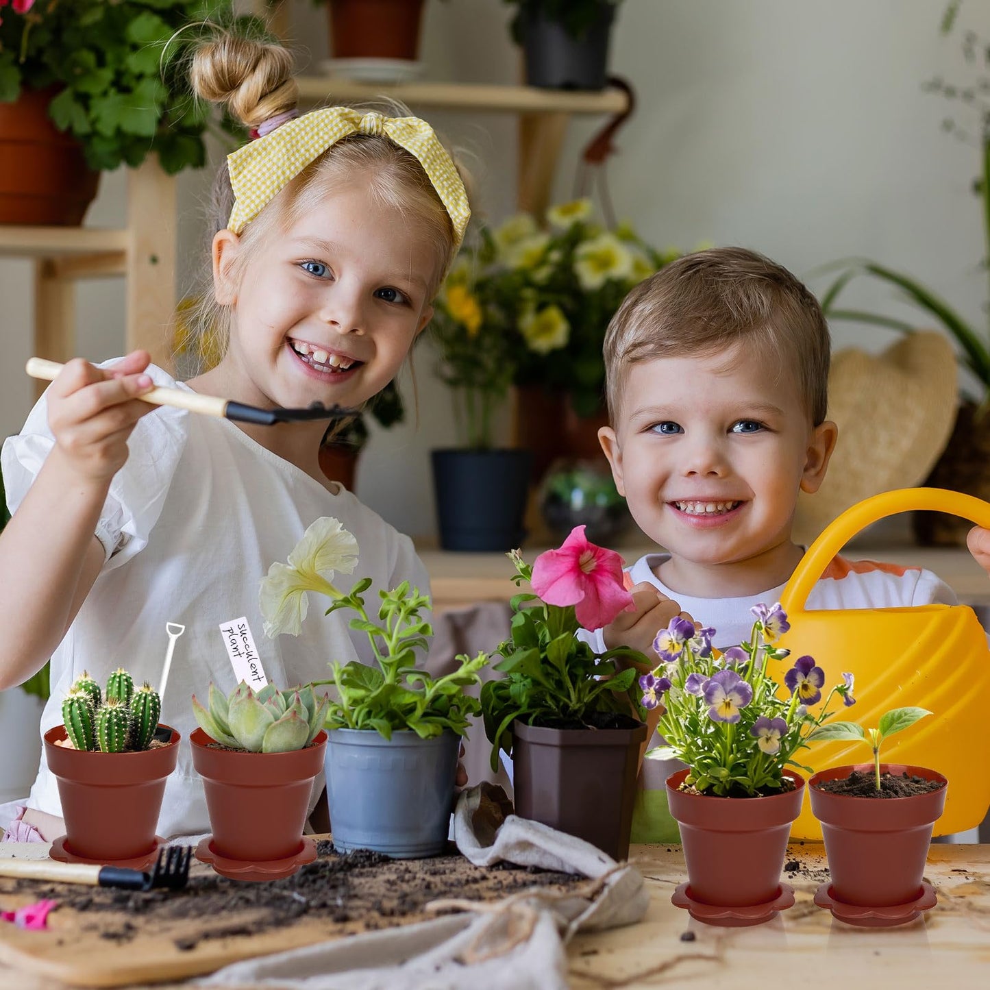 JarThenaAMCS 50 Set Cupcake Plant Nursery Pots with Humidity Dome Small Flower Pot Brown Plastic Gardening Container Cups with Saucers Shovel Plant Labels for Earth Day Seedling Plants Display