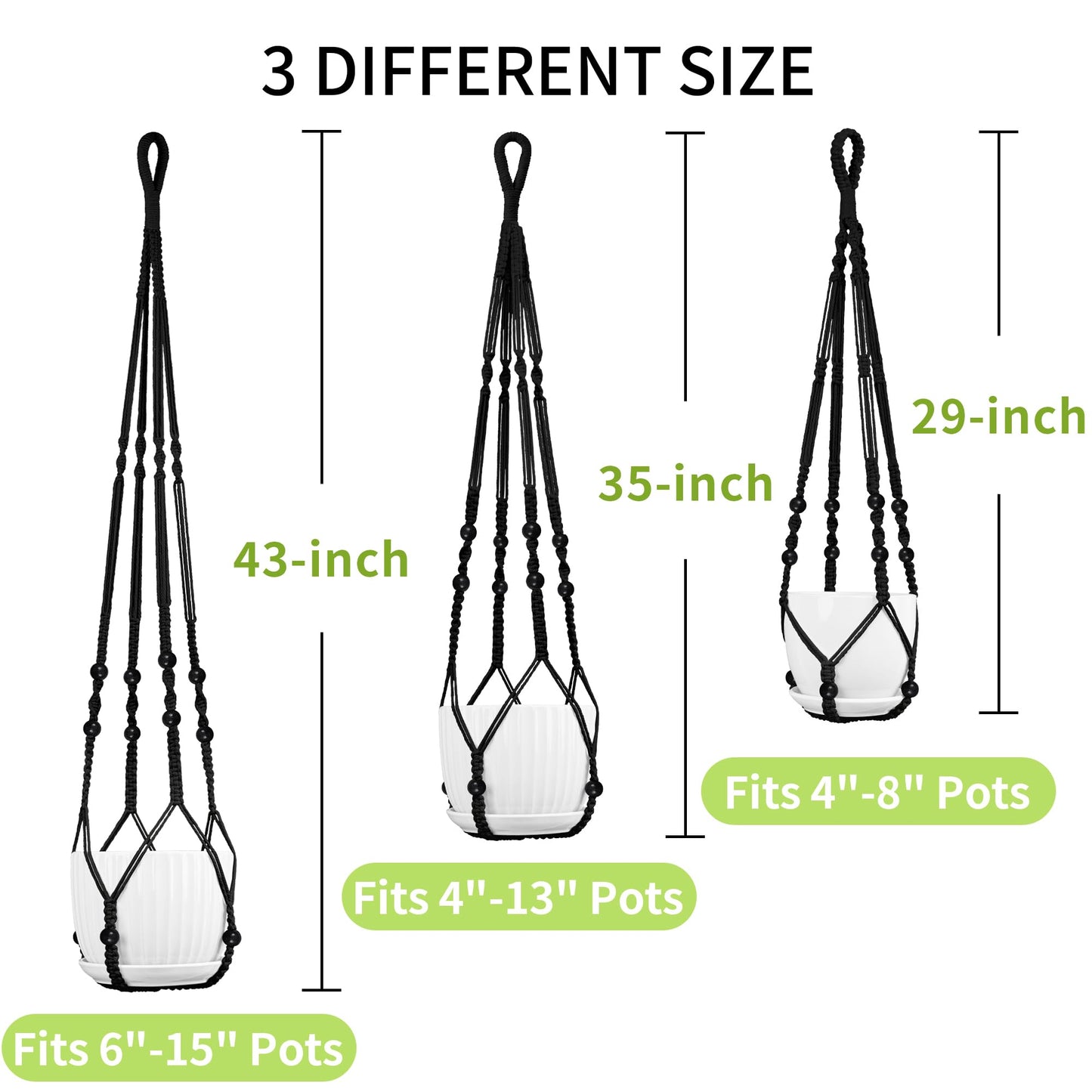 IDEEEPAN Macrame Plant Hanger - Fits 4 to 15 inches Pots for Indoor Outdoor, 43"/35"/29" Different Sizes Set, Black (POTS NOT Included)