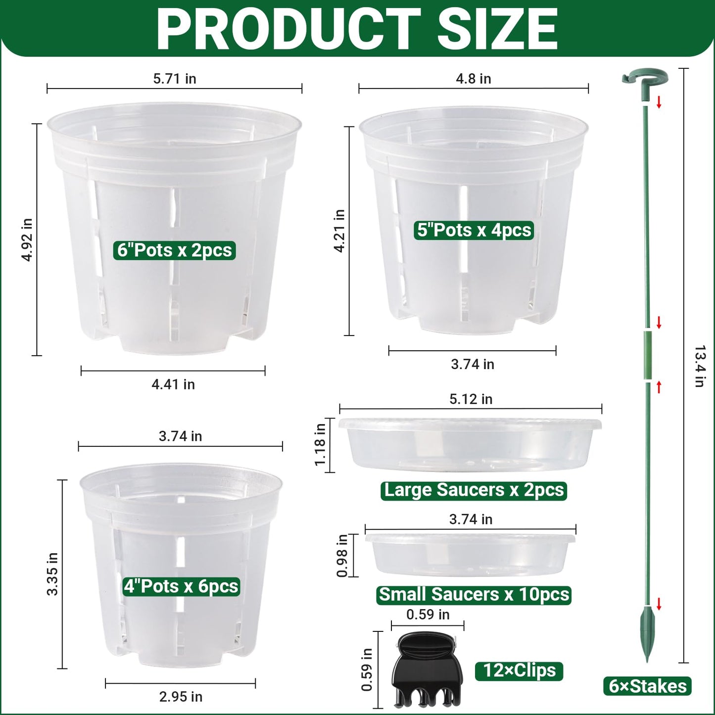 FDKYOEK 12 Pack Orchid Pots, 4/5/6 Inch Plastic Orchid Pots with Holes and Saucers, Clear Orchid Pot with Plant Stakes and Clips, Small Breathable Orchid Planter Nursery Pot for Repotting