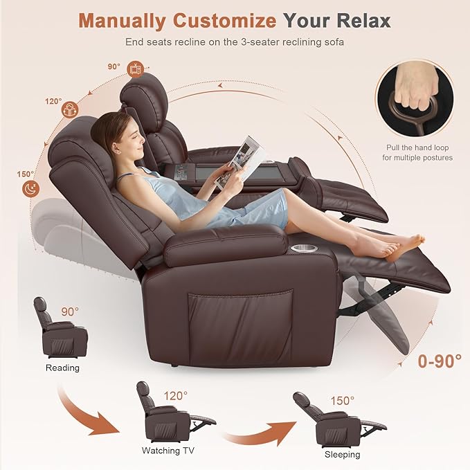 RV Loveseat Recliner Sofa, Built-in Power Strip, Massage Wall Hugger 3-Seater