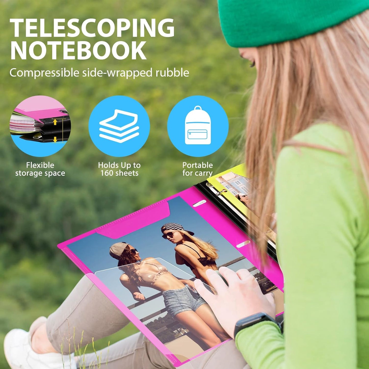 WOT I 1-Pack Telescoping 3 Ring Binder Notebook - Customizable Cover, 5 Dividers & Pocket Folder in One Slim Organizer (60 Sheets Included), Pink