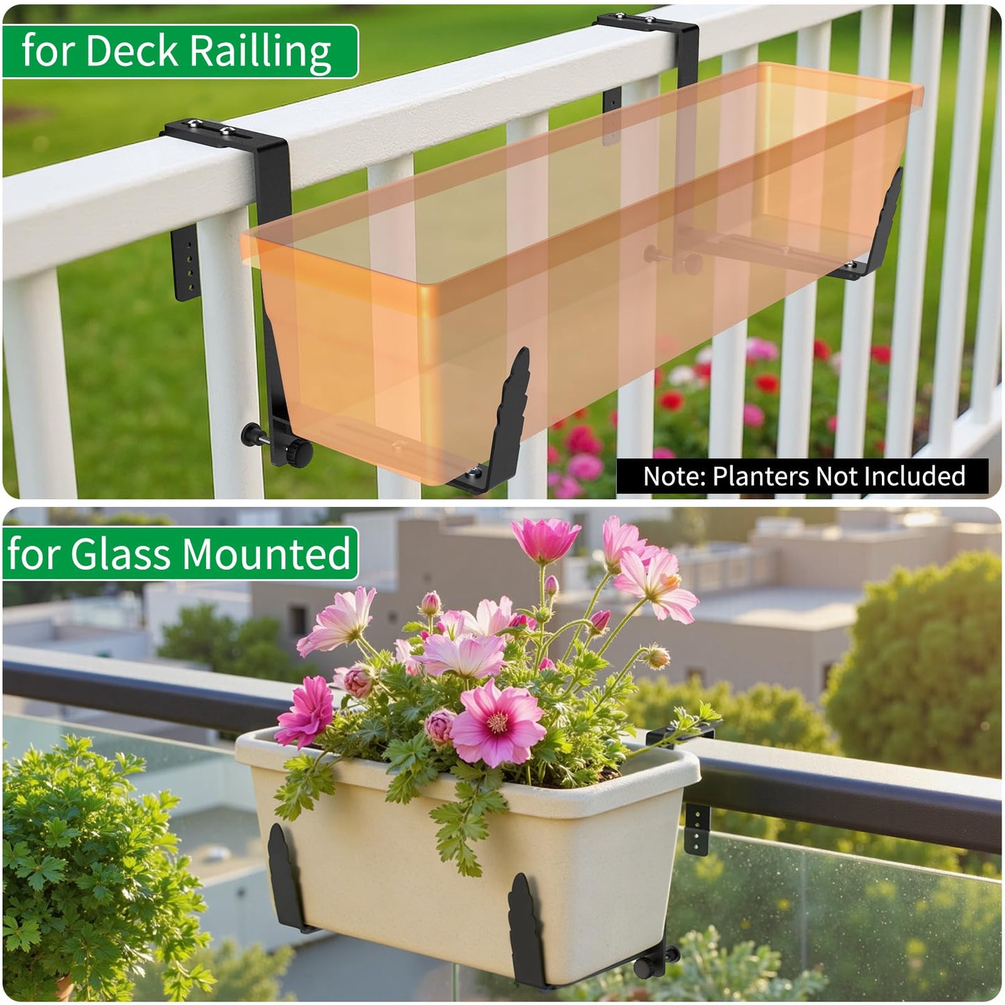 Window Box Brackets, Adjustable Planter Box Brackets, Heavy Duty Iron Flower Box Bracket for Deck Railing with Upgraded Bottom Support - Ideal for Balconies, Fences, and Gardens (6 Pack)