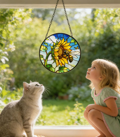 NGOKPYD Stained Glass Window Hanging Sun Catcher Garden Decor Sunflower Flower and Bees on a Branch for Window Doors Home Decoration and Christmas, Mother's Day Birthday Gifts for Women Men Mom 7.8 in