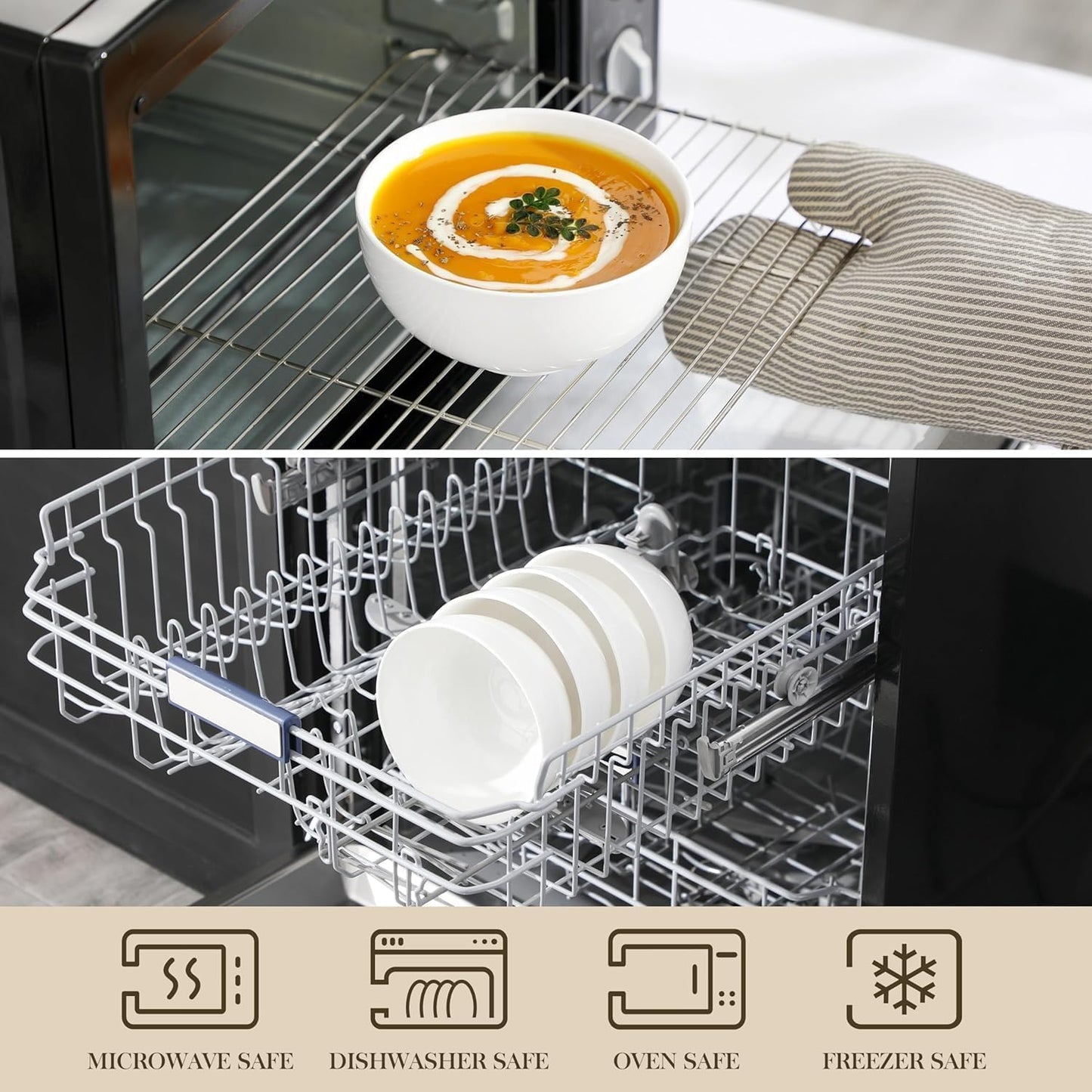 MALACASA 26 OZ Porcelain Soup Bowls Set of 4, White Ceramic Bowls for Kitchen, Cereal Bowl for Oatmeal, Fruit, Salad, Ramen and Rice Bowl -Dishwasher & Microwave Safe Bowls