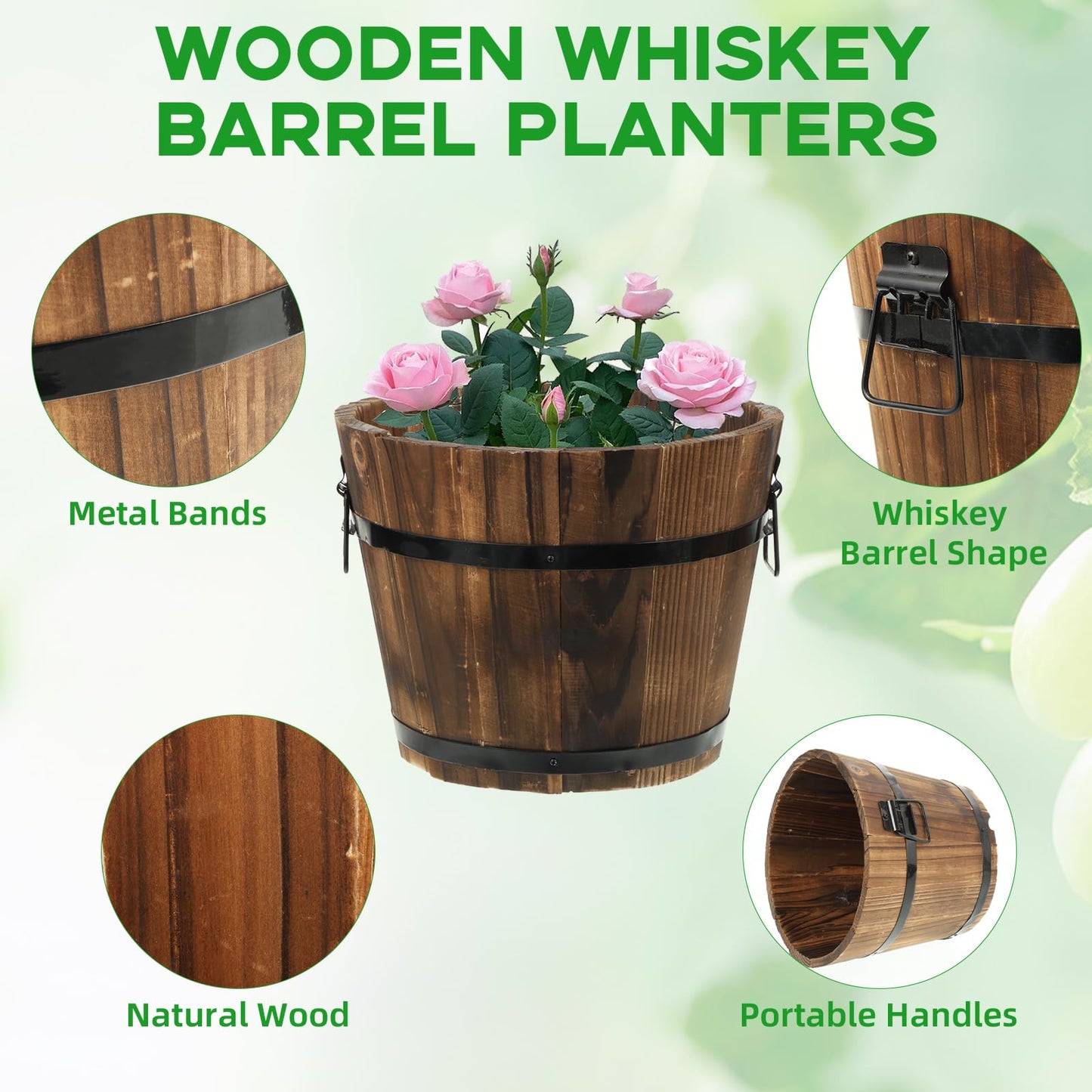 Hlimior 4 Pcs Wooden Whiskey Barrel Planters, Wooden Flower Planters Pots Boxes with Metal Handles 4 Sizes Planting Wood Buckets Christmas Tree Pot for Indoor Outdoor Garden Home Plants