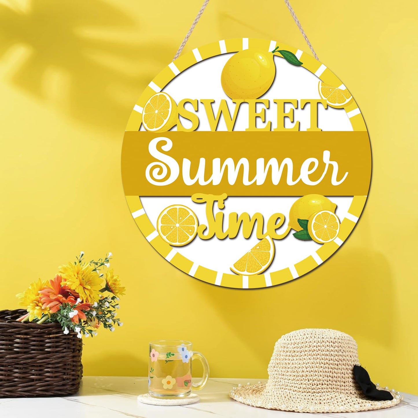 HOURIA 3D Lemon Wooden Door Sign,Sweet Summer Time Welcome Wreath Sign Front Door Decor,Summer Lemon Decorations for Home Kitchen Classroom,11.4"X11.4"