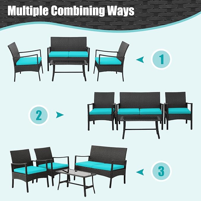 Tangkula 4 Pieces Rattan Conversation Set, Patio Sofa Couch Set