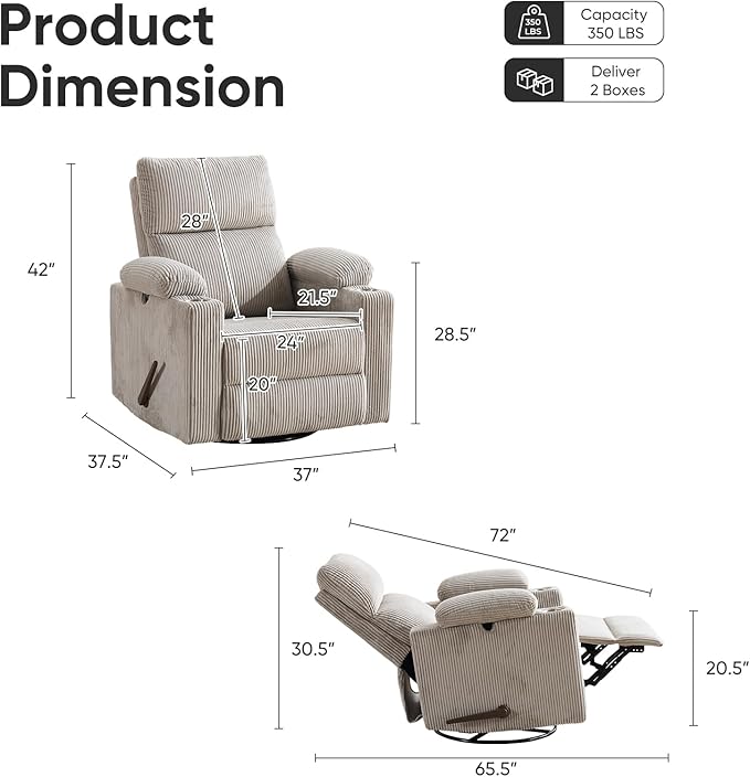 Swivel Rocker Recliner with Adjustable Armrests, Rocking Nursery Chair with