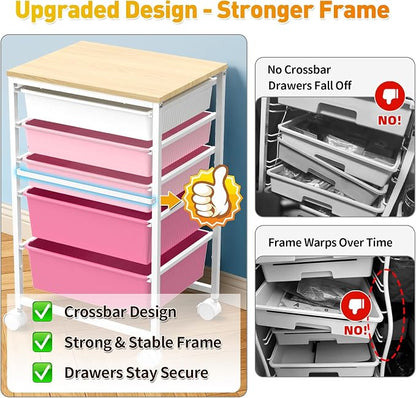 SUNALLY Rolling Storage Utility Cart With 5 Drawers, 5 Tier Rolling Cart with Wooden Tabletop and 2 Lockable Wheels, Storage Drawer Cart for Craft Art Supply Storage & Home Office Organization, Pink