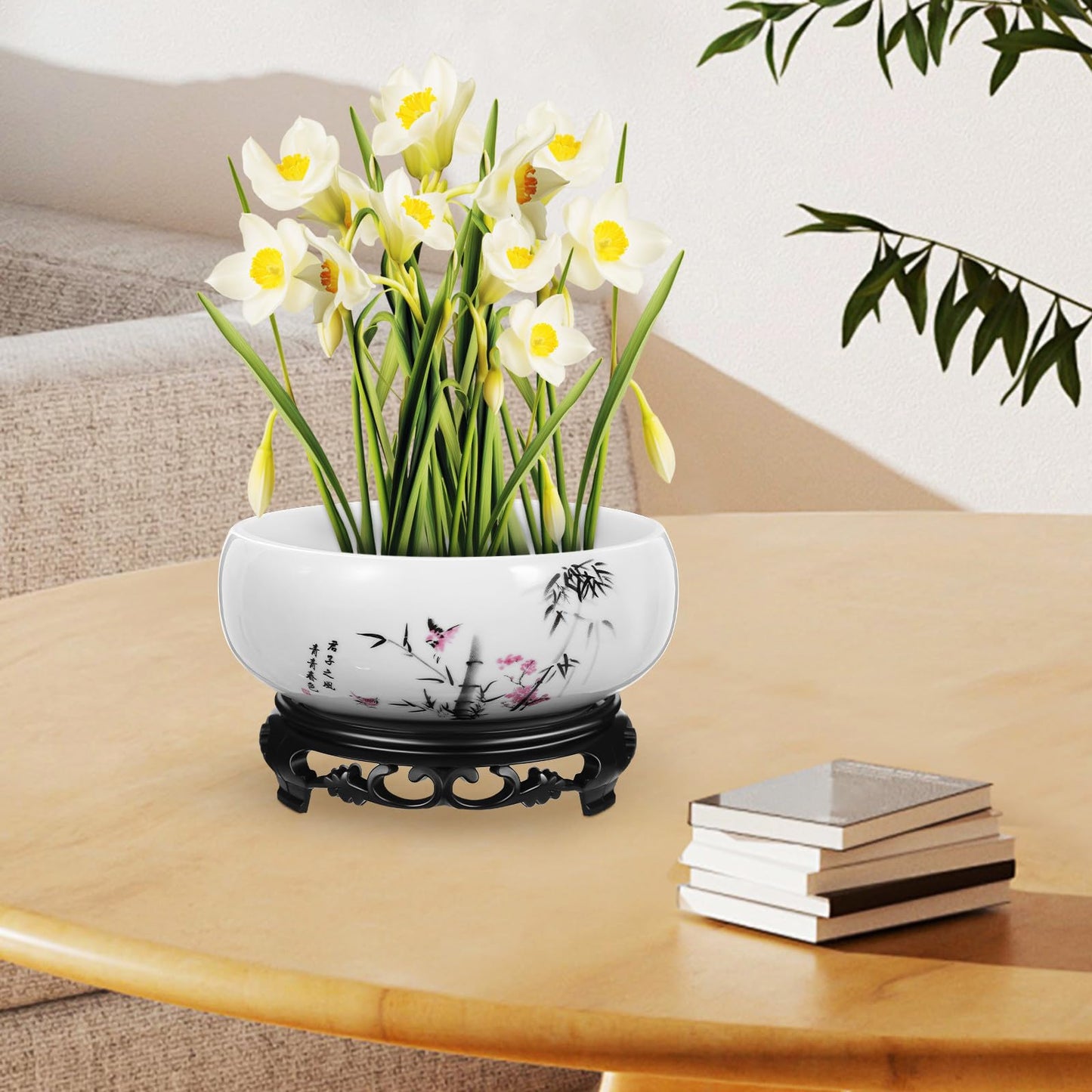 HEMOTON Lotus Bowl Planter, Chinese Style Ceramic Water Lily Pot with Ink Bamboo Pattern, No Drainage Hydroponic Vase for Indoor Plants, Decorative Fish Bowl with Plastic Base