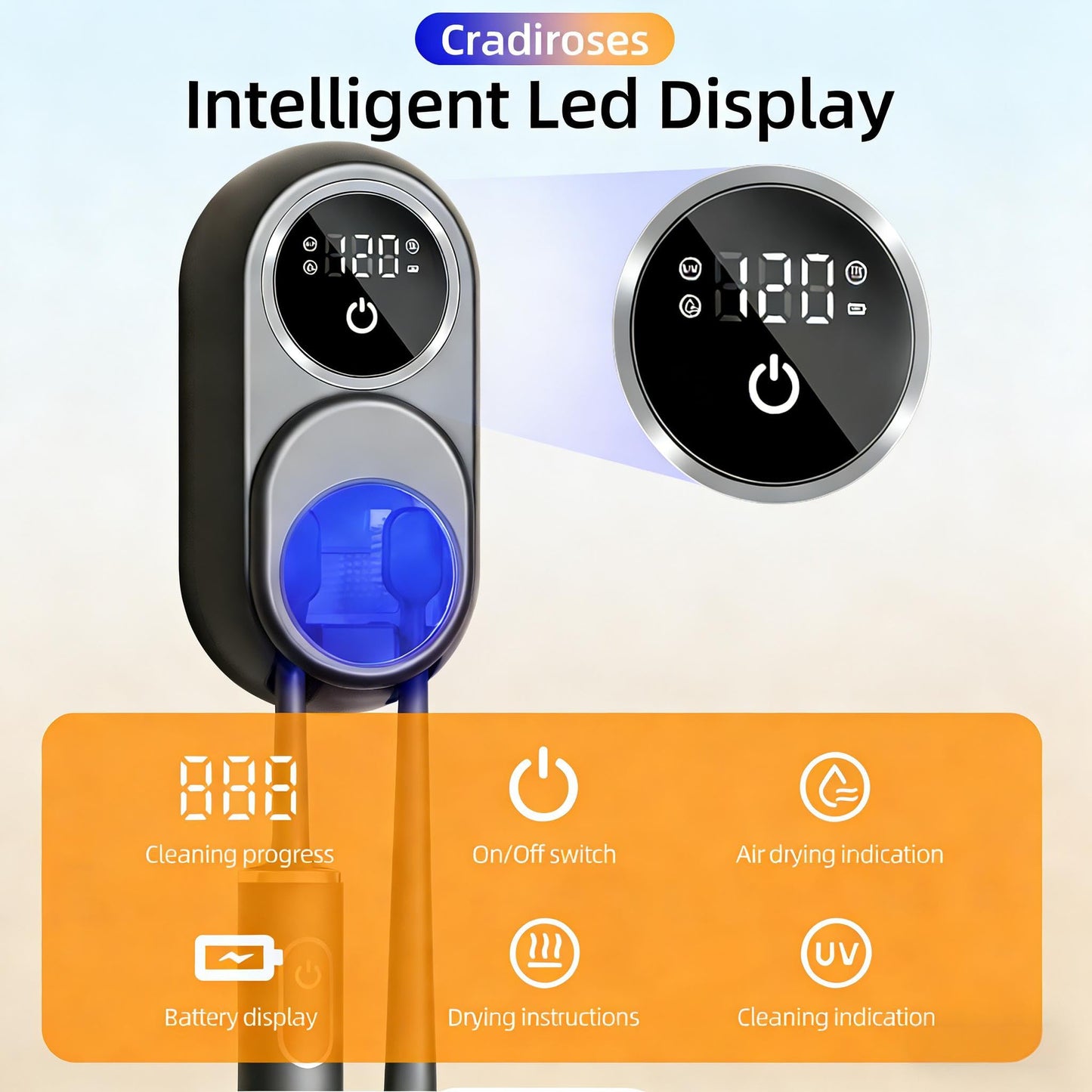 Cradiroses Black UV Toothbrush Sanitizer Holder - 2 Slots Auto-Sensor Wall-Mount with LED Smart Screen, Heated Fan Drying, Rechargeable for Bathroom