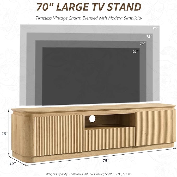 70" Fluted TV Stand for TVs Up to 80", Mid Century Modern Entertainment Center