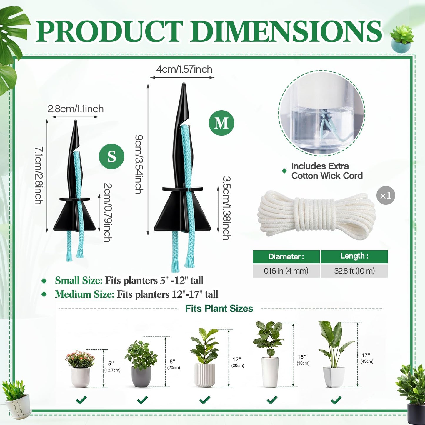 Singhoow 20 Pack Self Watering Spikes for Indoor Outdoor Plants, Automatic Plant Watering Stakes with 32.8ft Capillary Wick Rope, DIY Vacation Waterer for Potted Plant Seedling Garden Pot (Small)