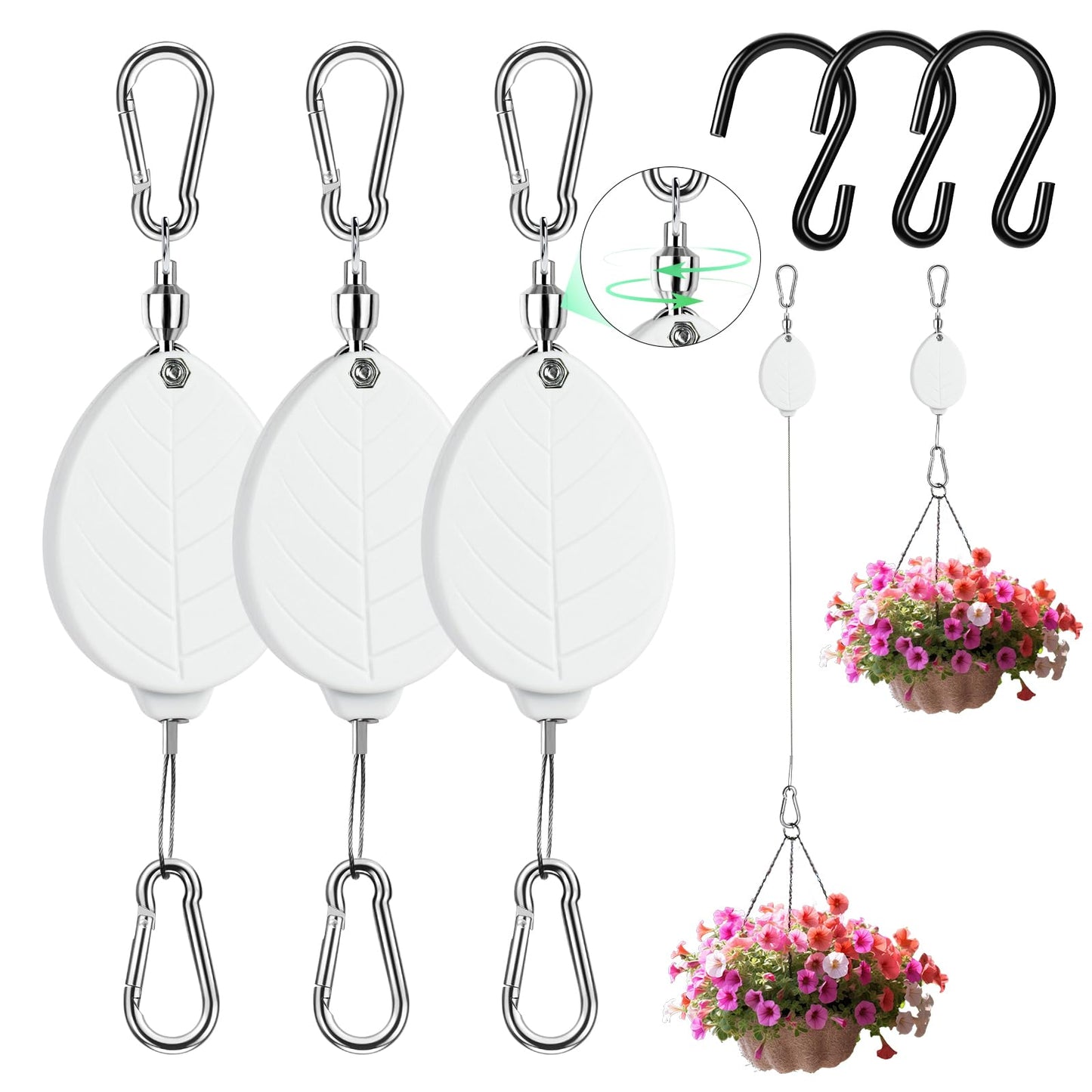 ZUZUAN 2026New 3Pcs Retractable Plant Hanger with Leaf Texture,44Lbs Load Capacity,Auto Lock,Adjustable Hook for Hanging Plants,Bird Feed,Wind Chimes,Garden Pots,Rust-Proof Stainless Steel,White
